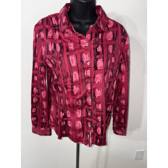 Additions by Chico s Long Sleeve Red &  Pink Button Up Blouse Size 1 - Picture 1 of 6